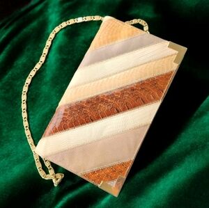 Vintage VARON Genuine Exotic Leather Patchwork Brown Clutch Bag Gold Chain Strap